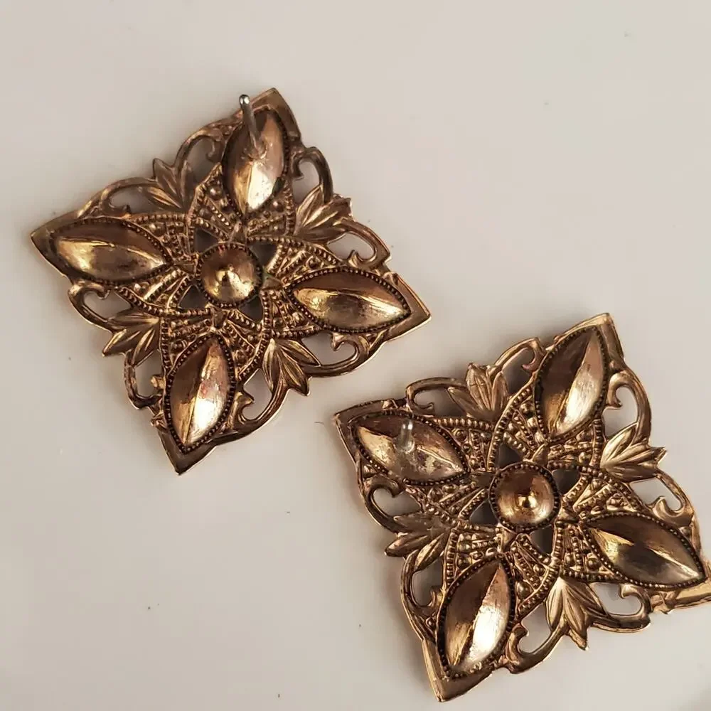 Vintage Gold Tone Square‎ Earrings Red Marquise Crystal Rhinestone Statement